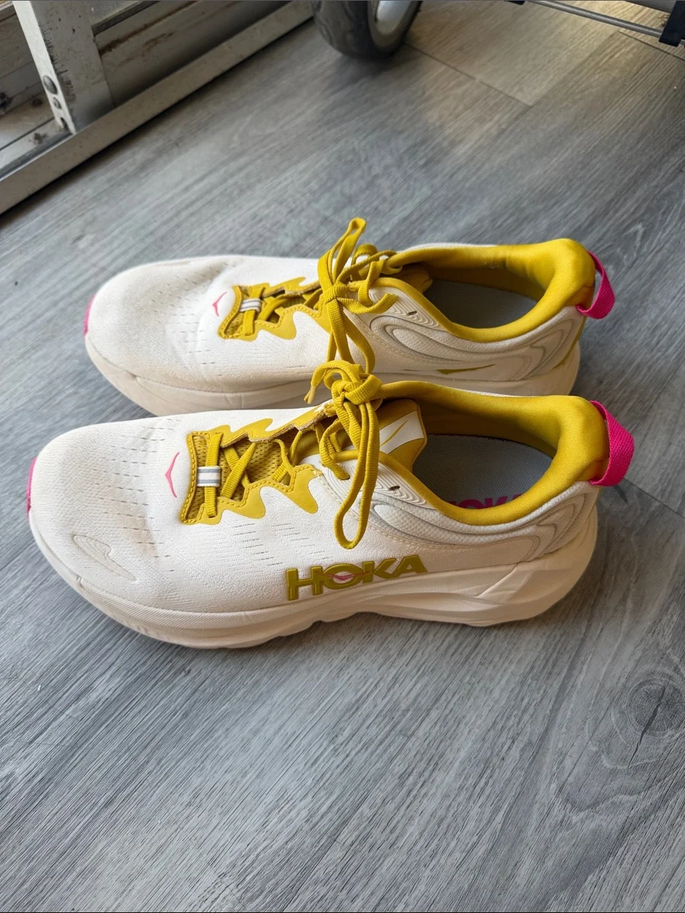 Hoka gaviota 6 Women's White Running Shoes with Yellow & Pink Accents